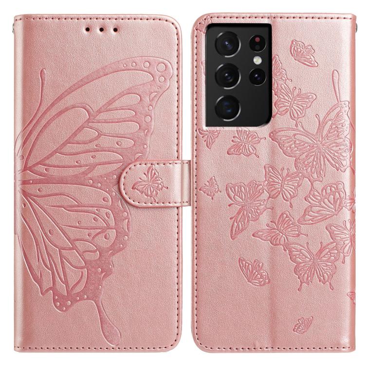 

For Samsung Galaxy S21 Ultra 5G Butterfly Flutter Pattern Embossed Leather Phone Case(Rose Gold)