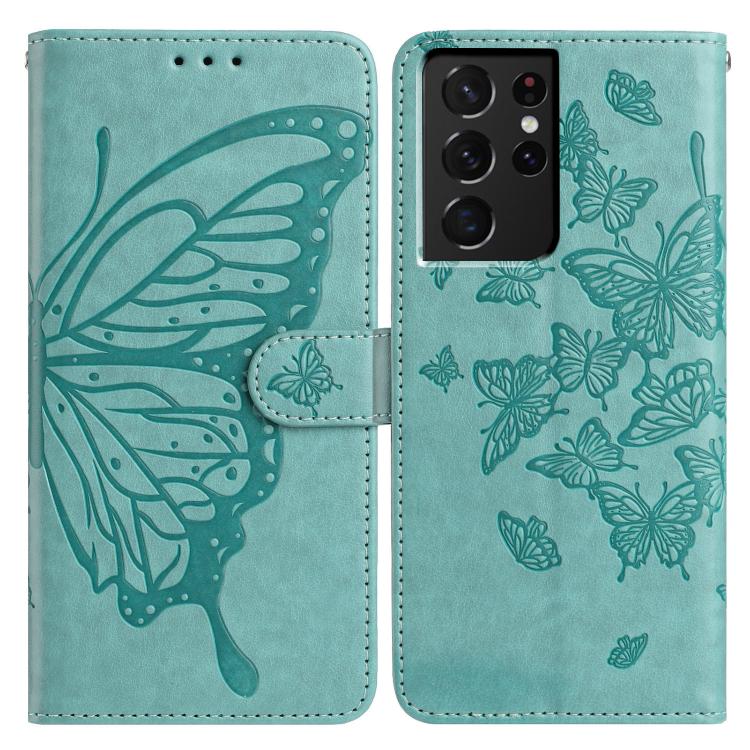 

For Samsung Galaxy S21 Ultra 5G Butterfly Flutter Pattern Embossed Leather Phone Case(Green)