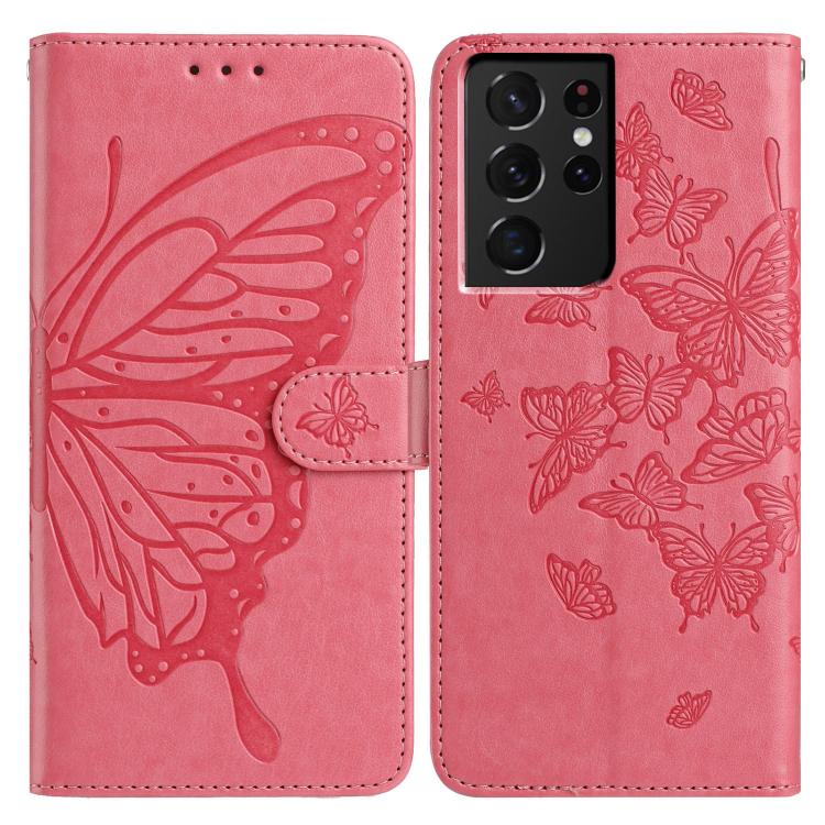

For Samsung Galaxy S21 Ultra 5G Butterfly Flutter Pattern Embossed Leather Phone Case(Rose Red)