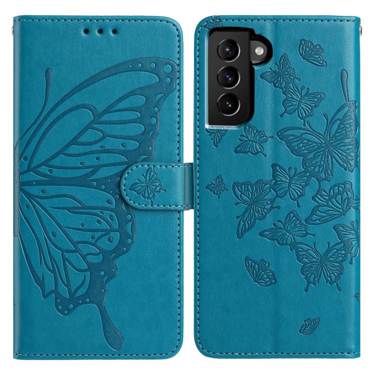 

For Samsung Galaxy S22+ 5G Butterfly Flutter Pattern Embossed Leather Phone Case(Blue)