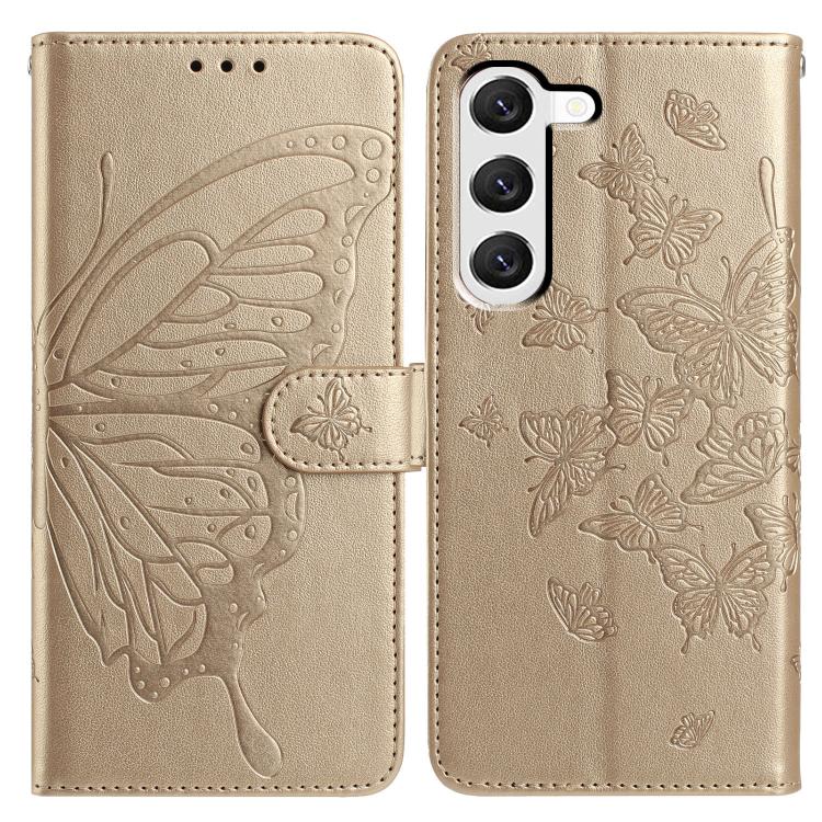 

For Samsung Galaxy S23 5G Butterfly Flutter Pattern Embossed Leather Phone Case(Gold)