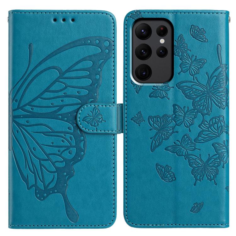 

For Samsung Galaxy S23 Ultra 5G Butterfly Flutter Pattern Embossed Leather Phone Case(Blue)