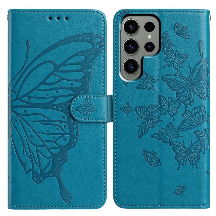 

For Samsung Galaxy S24 Ultra 5G Butterfly Flutter Pattern Embossed Leather Phone Case(Blue)