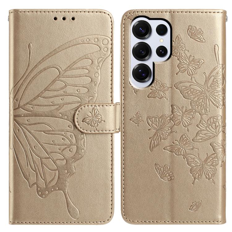 

For Samsung Galax S25 Ultra 5G Butterfly Flutter Pattern Embossed Leather Phone Case(Gold)