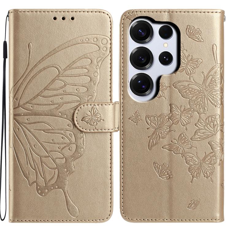 

For Samsung Galaxy S26 Ultra 5G Butterfly Flutter Pattern Embossed Leather Phone Case(Gold)