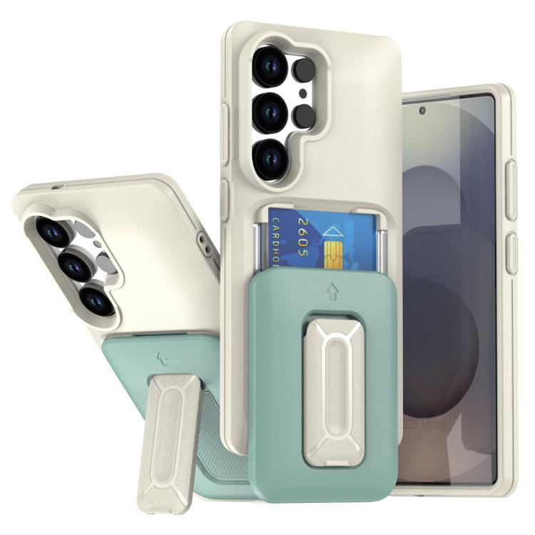 

For Samsung Galaxy S23 Ultra 5G Sliding Card Holder Integrated Phone Case with Kickstand(Beige Green)