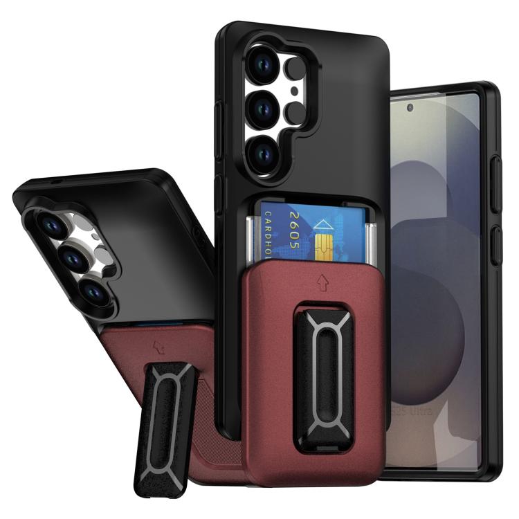 

For Samsung Galaxy S23 Ultra 5G Sliding Card Holder Integrated Phone Case with Kickstand(Black Red)