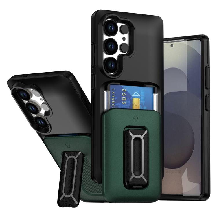 

For Samsung Galaxy S23 Ultra 5G Sliding Card Holder Integrated Phone Case with Kickstand(Black Green)