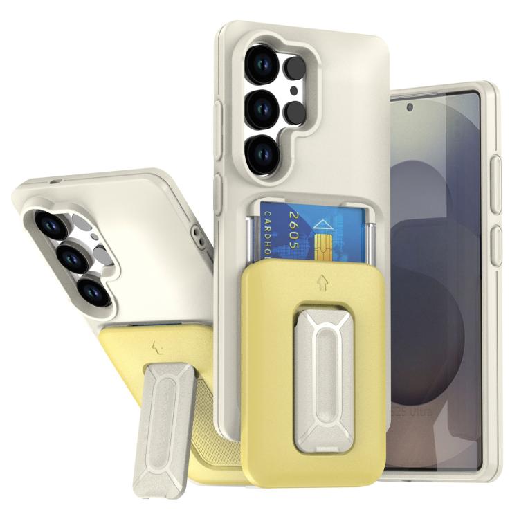 

For Samsung Galaxy S24 Ultra 5G Sliding Card Holder Integrated Phone Case with Kickstand(Beige Yellow)