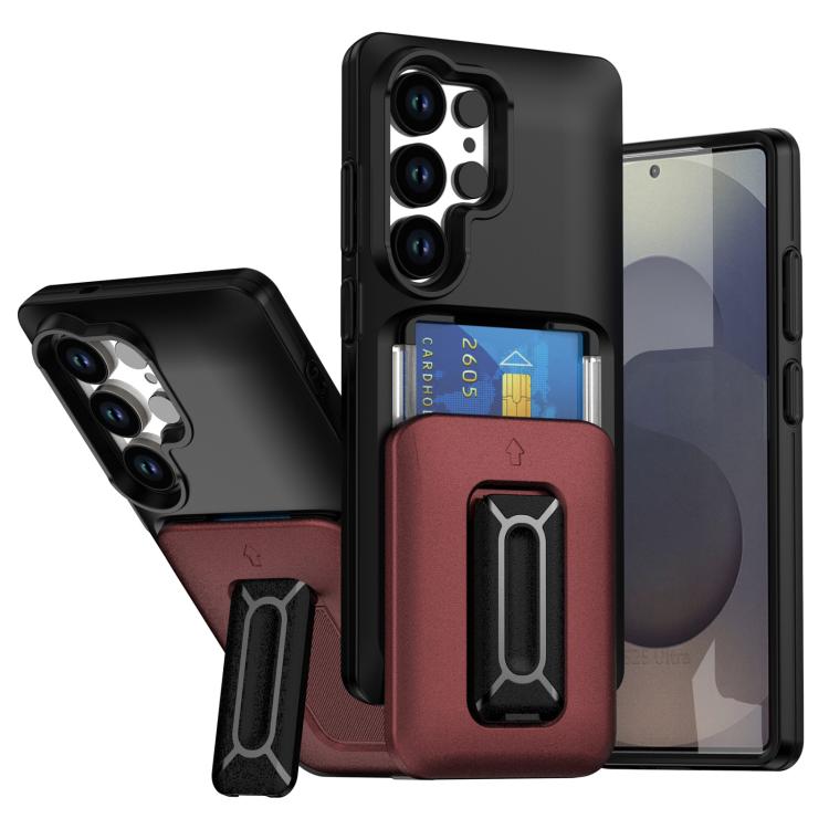 

For Samsung Galaxy S24 Ultra 5G Sliding Card Holder Integrated Phone Case with Kickstand(Black Red)