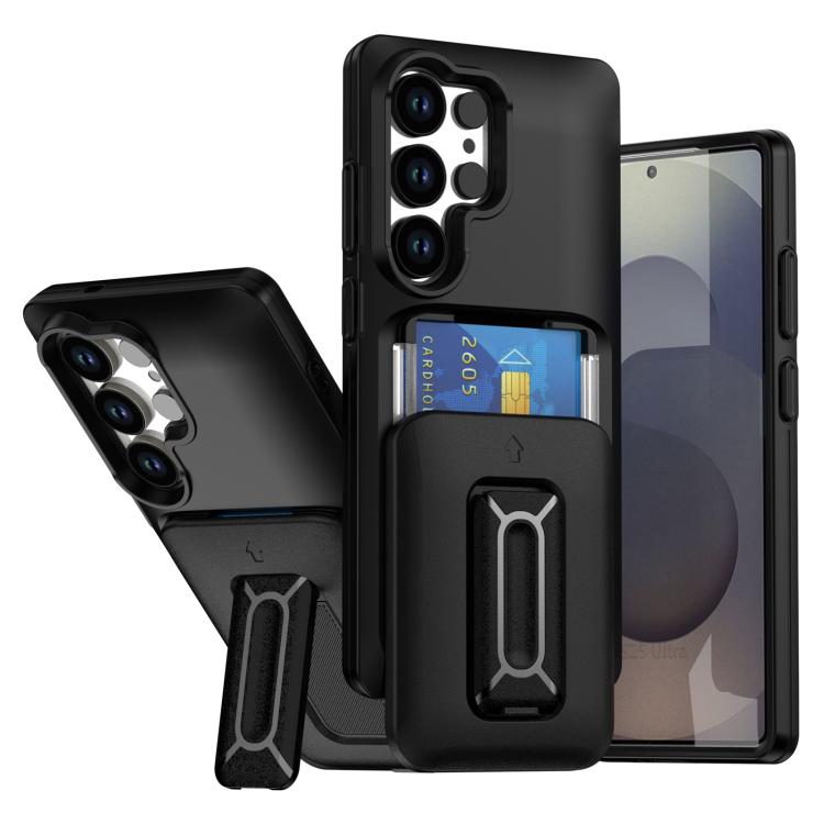

For Samsung Galaxy S25 Ultra 5G Sliding Card Holder Integrated Phone Case with Kickstand(Black)