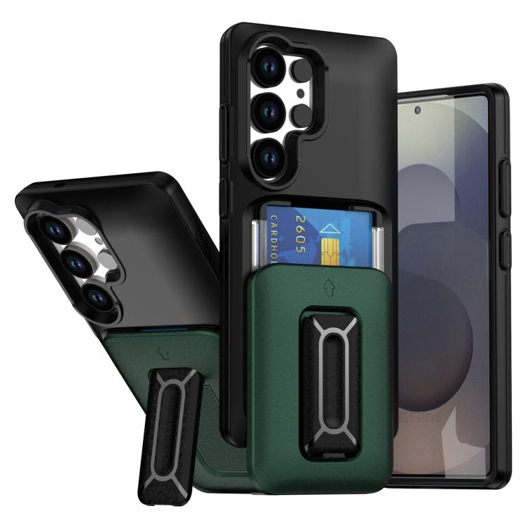 

For Samsung Galaxy S25 Ultra 5G Sliding Card Holder Integrated Phone Case with Kickstand(Black Green)