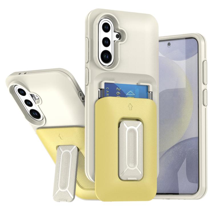 

For Samsung Galaxy S24 FE 5G Sliding Card Holder Integrated Phone Case with Kickstand(Beige Yellow)