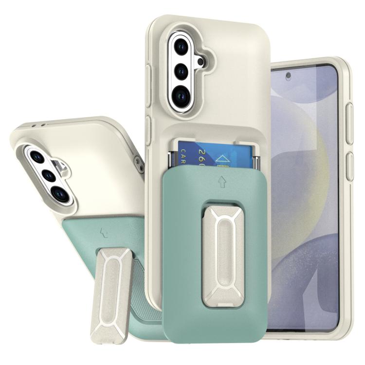 

For Samsung Galaxy S24 FE 5G Sliding Card Holder Integrated Phone Case with Kickstand(Beige Green)