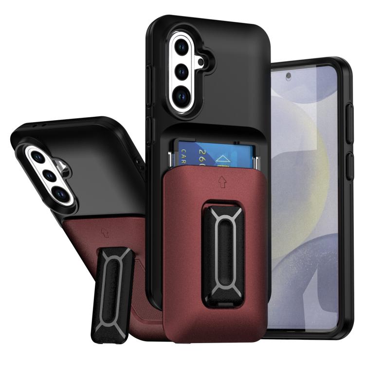 

For Samsung Galaxy S24 FE 5G Sliding Card Holder Integrated Phone Case with Kickstand(Black Red)