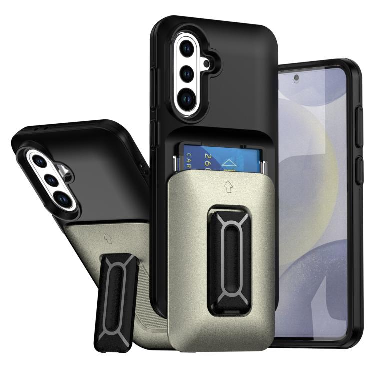 

For Samsung Galaxy S24 FE 5G Sliding Card Holder Integrated Phone Case with Kickstand(Black Gold)