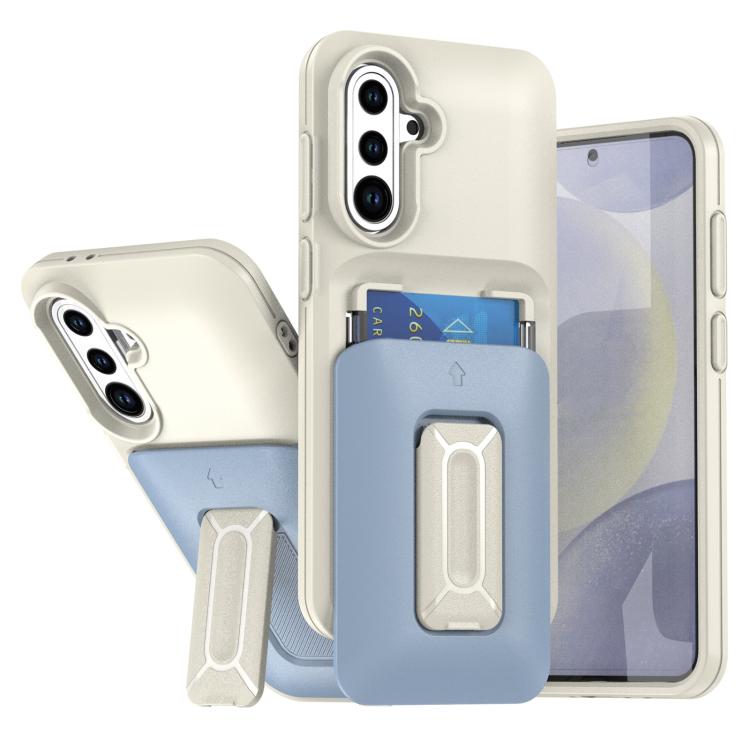 

For Samsung Galaxy S25+ / S24+ 5G Sliding Card Holder Integrated Phone Case with Kickstand(Beige Blue)