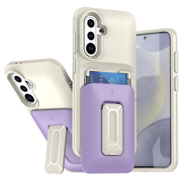 

For Samsung Galaxy S25+ / S24+ 5G Sliding Card Holder Integrated Phone Case with Kickstand(Beige Purple)