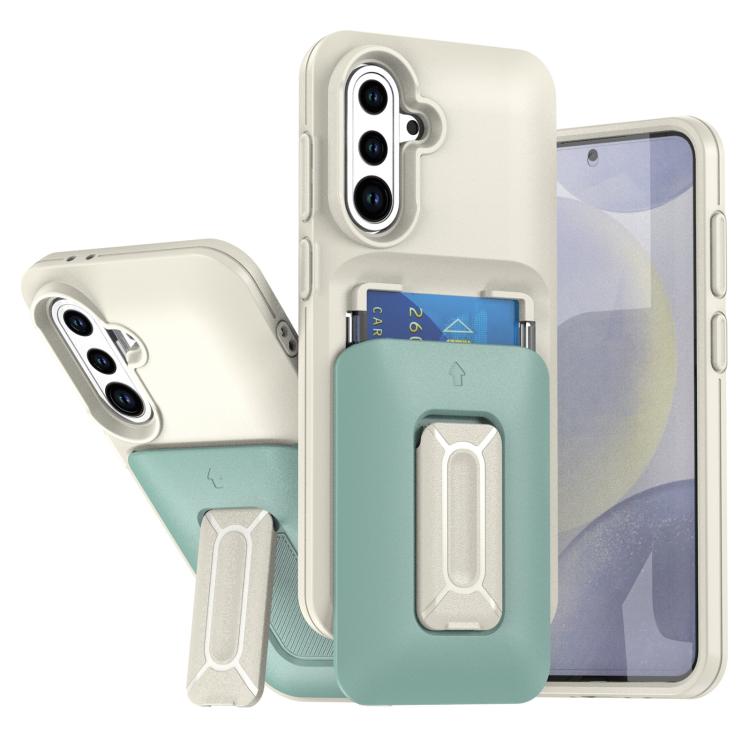 

For Samsung Galaxy S25+ / S24+ 5G Sliding Card Holder Integrated Phone Case with Kickstand(Beige Green)