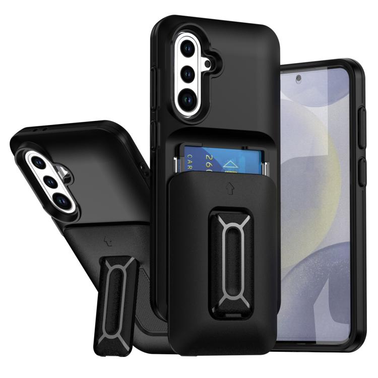 

For Samsung Galaxy S25+ / S24+ 5G Sliding Card Holder Integrated Phone Case with Kickstand(Black)