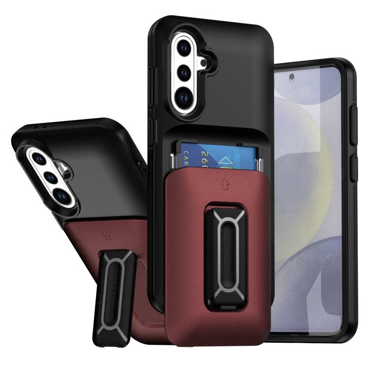 

For Samsung Galaxy S25+ / S24+ 5G Sliding Card Holder Integrated Phone Case with Kickstand(Black Red)