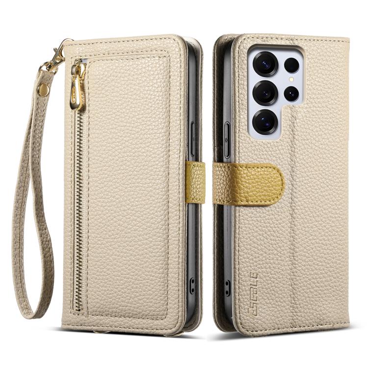 

For Samsung Galaxy S25 Ultra 5G ESEBLE E11 Colorful Litchi Pattern Zipper Wallet Leather Phone Case(Khaki)