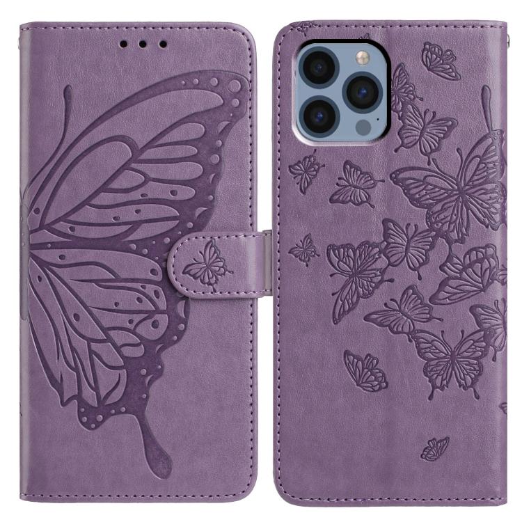 

For iPhone 12 / 12 Pro Butterfly Flutter Pattern Embossed Leather Phone Case(Purple)