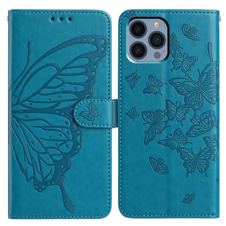 

For iPhone 12 Pro Max Butterfly Flutter Pattern Embossed Leather Phone Case(Blue)