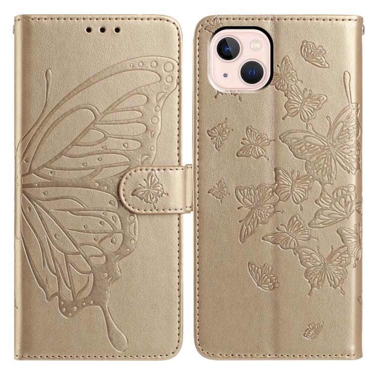 

For iPhone 13 Butterfly Flutter Pattern Embossed Leather Phone Case(Gold)