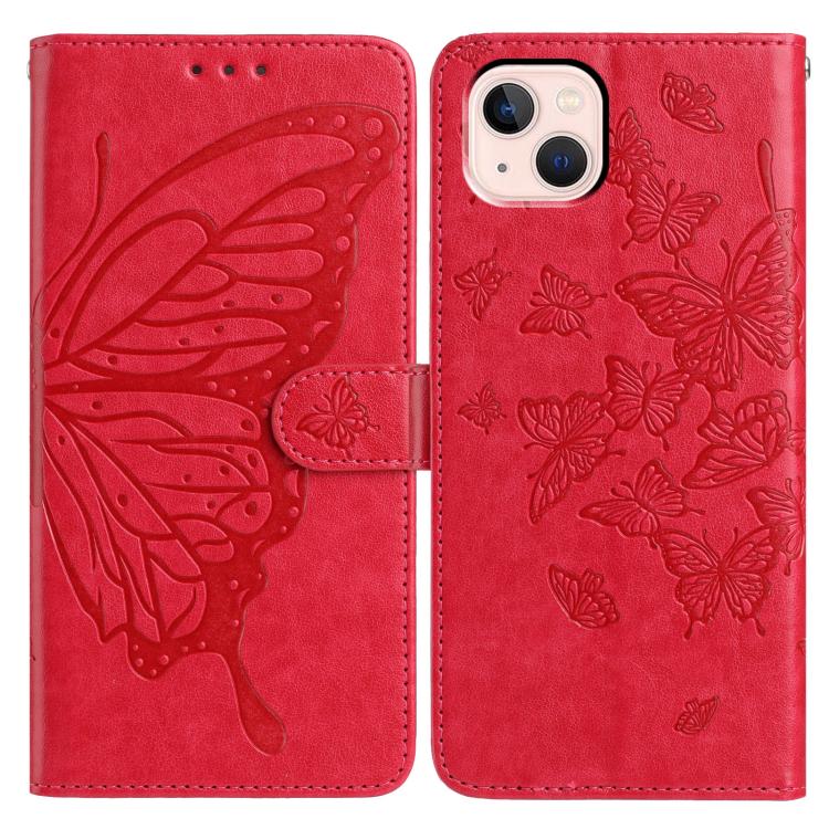 

For iPhone 13 Butterfly Flutter Pattern Embossed Leather Phone Case(Red)