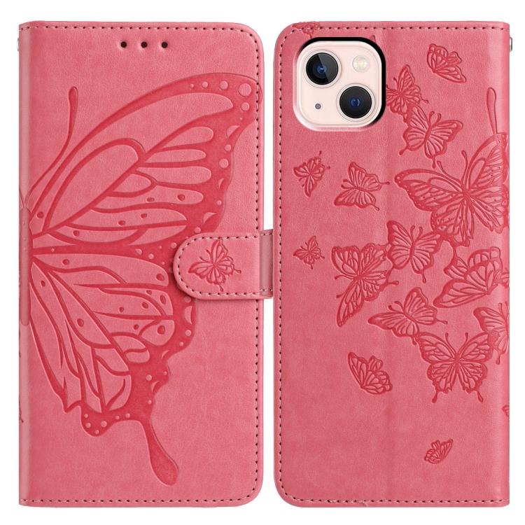 

For iPhone 13 Butterfly Flutter Pattern Embossed Leather Phone Case(Rose Red)