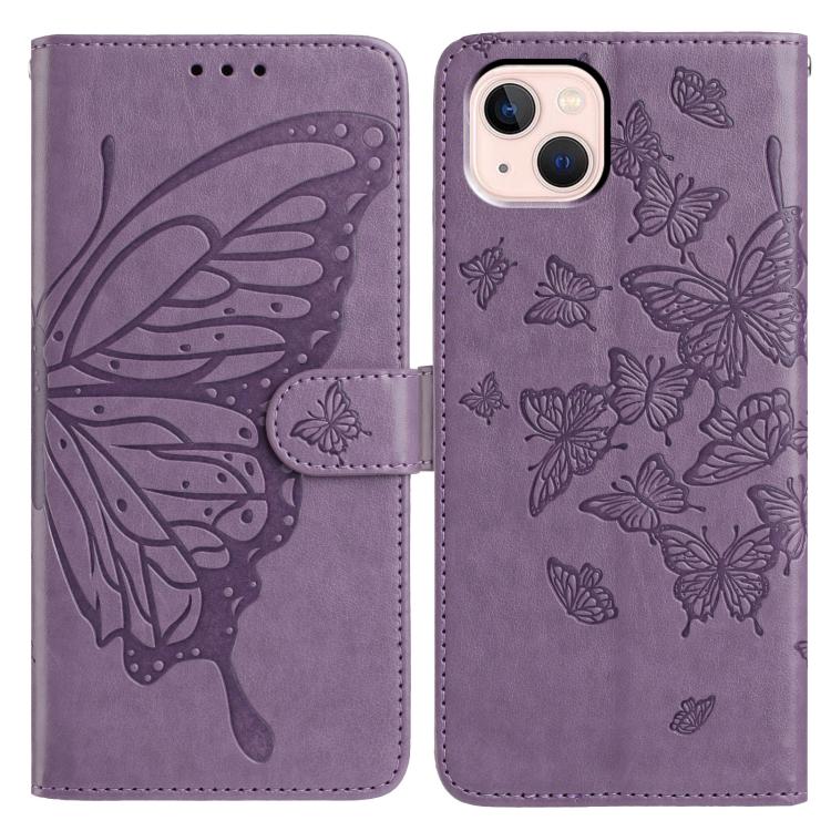 

For iPhone 13 Butterfly Flutter Pattern Embossed Leather Phone Case(Purple)