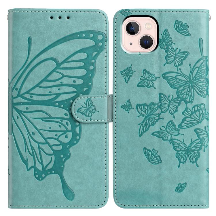 

For iPhone 13 mini Butterfly Flutter Pattern Embossed Leather Phone Case(Green)