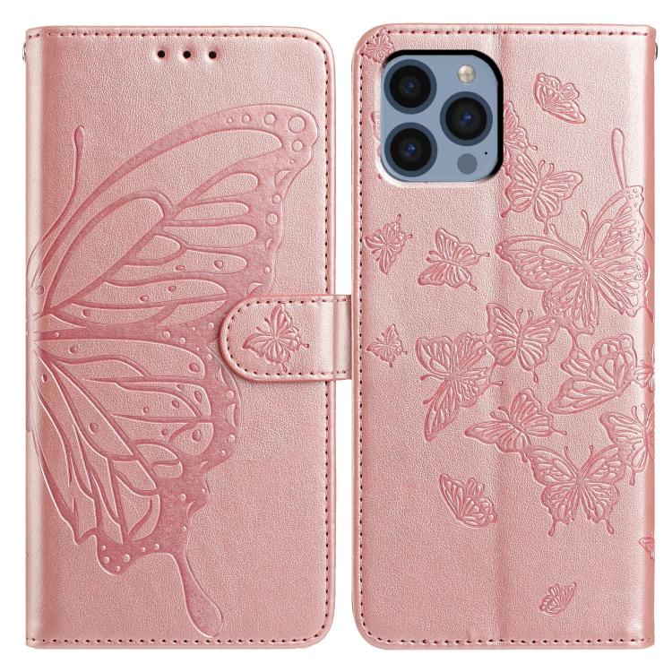 

For iPhone 13 Pro Butterfly Flutter Pattern Embossed Leather Phone Case(Rose Gold)