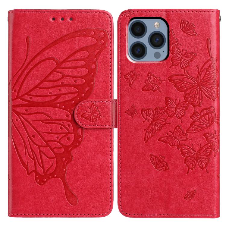 

For iPhone 13 Pro Max Butterfly Flutter Pattern Embossed Leather Phone Case(Red)