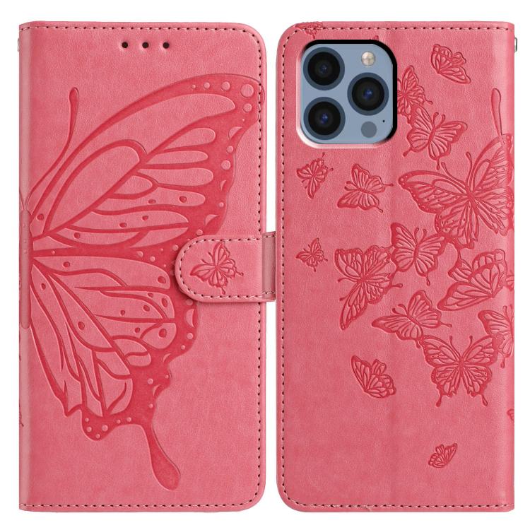 

For iPhone 13 Pro Max Butterfly Flutter Pattern Embossed Leather Phone Case(Rose Red)