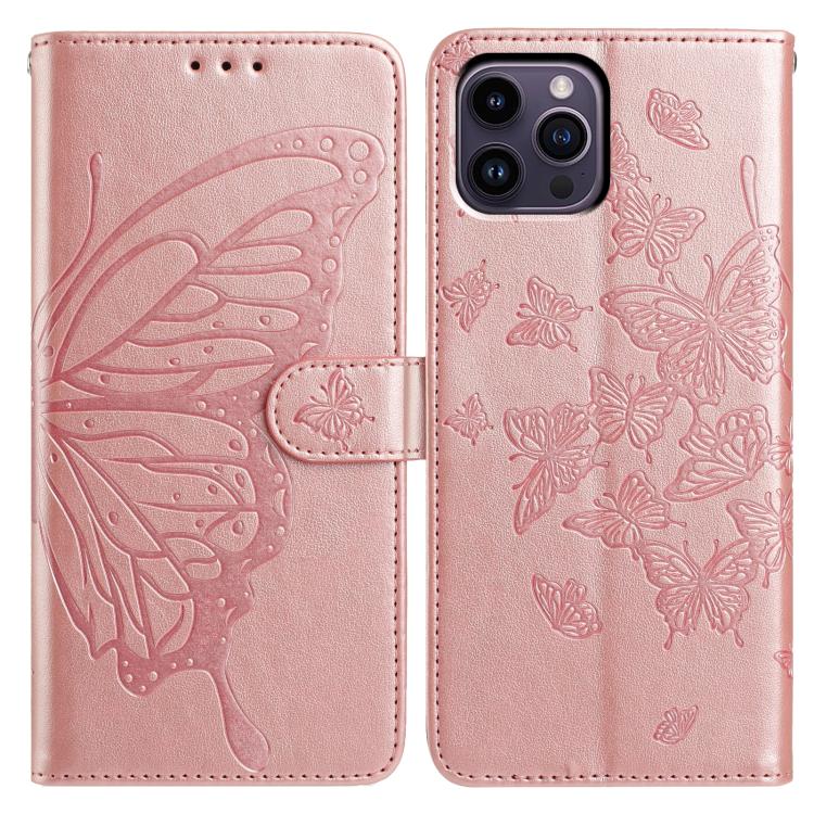 

For iPhone 14 Pro Max Butterfly Flutter Pattern Embossed Leather Phone Case(Rose Gold)