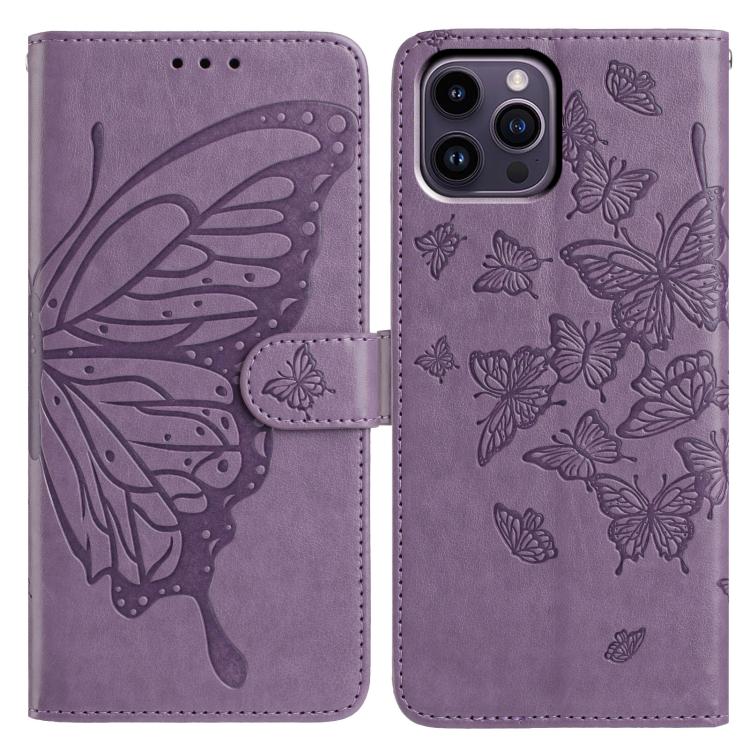 

For iPhone 14 Pro Max Butterfly Flutter Pattern Embossed Leather Phone Case(Purple)