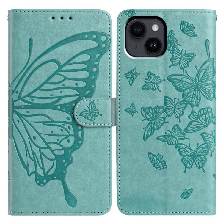 

For iPhone 14 Butterfly Flutter Pattern Embossed Leather Phone Case(Green)