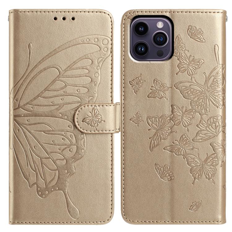 

For iPhone 14 Pro Butterfly Flutter Pattern Embossed Leather Phone Case(Gold)