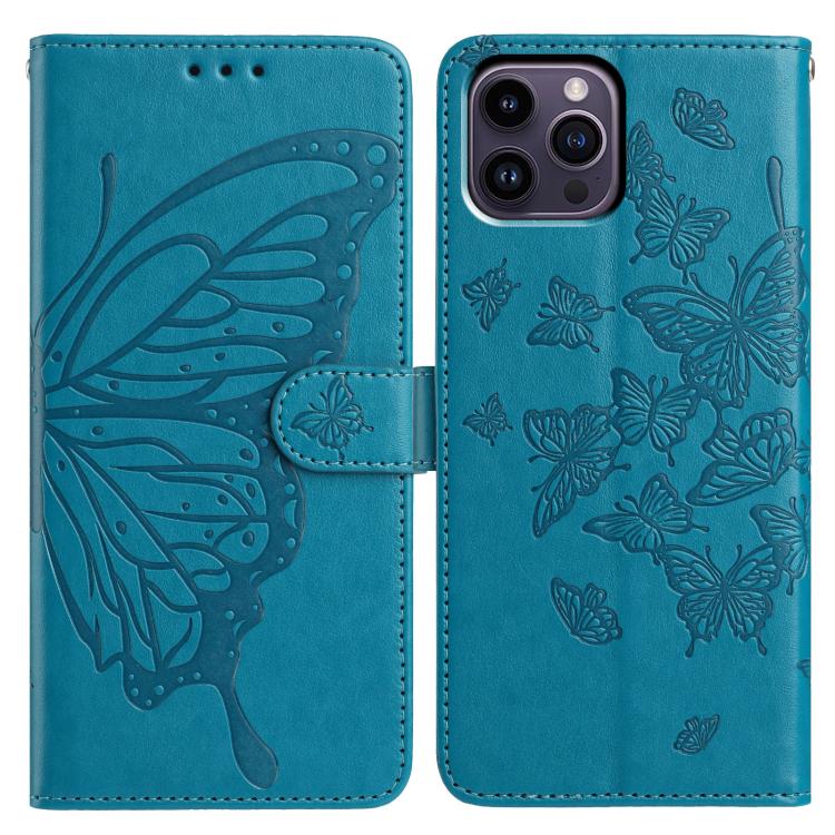 

For iPhone 14 Pro Butterfly Flutter Pattern Embossed Leather Phone Case(Blue)