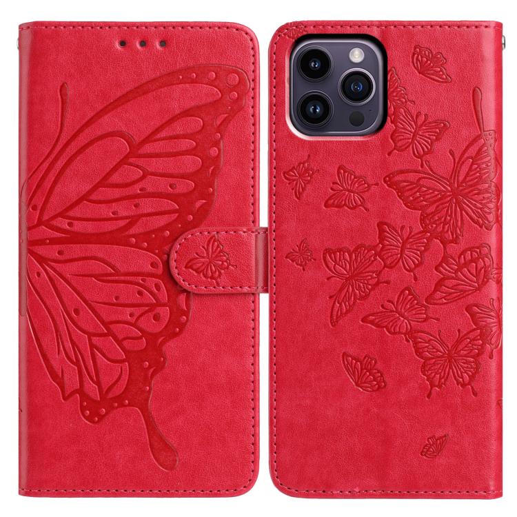 

For iPhone 14 Pro Butterfly Flutter Pattern Embossed Leather Phone Case(Red)