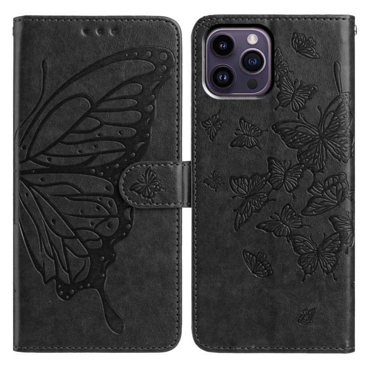 

For iPhone 14 Pro Butterfly Flutter Pattern Embossed Leather Phone Case(Black)