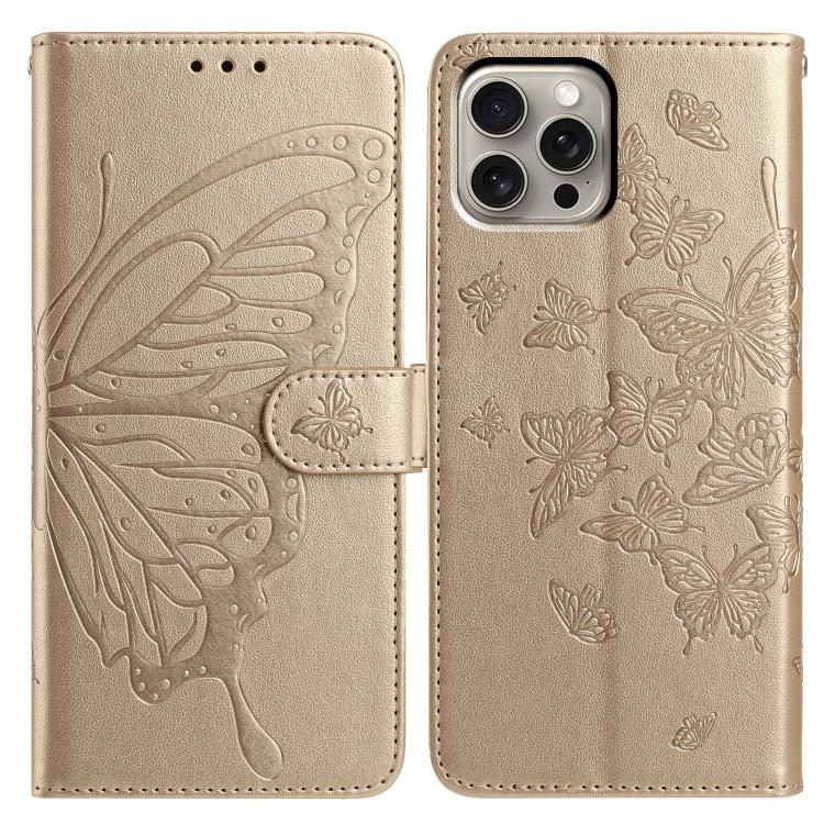 

For iPhone 15 Pro Butterfly Flutter Pattern Embossed Leather Phone Case(Gold)