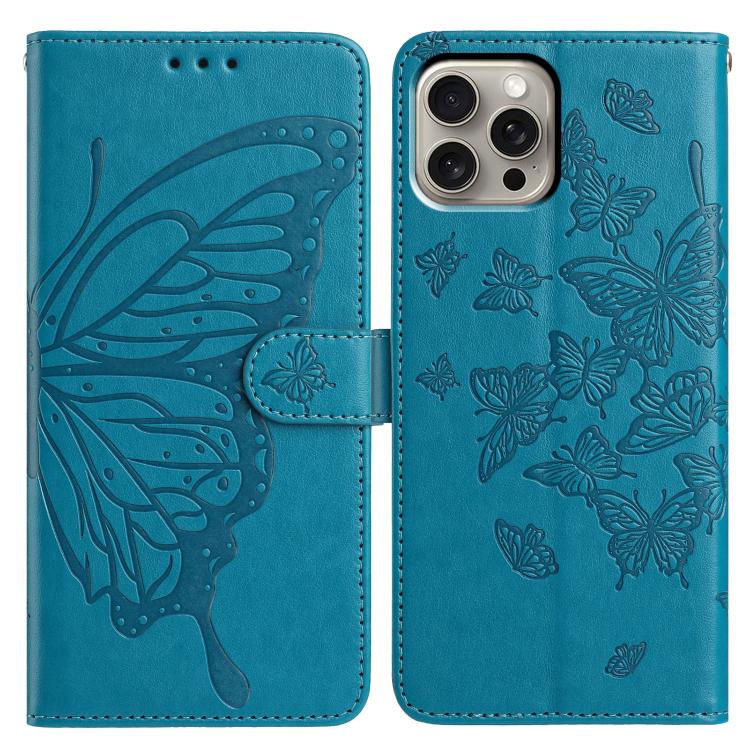 

For iPhone 15 Pro Butterfly Flutter Pattern Embossed Leather Phone Case(Blue)