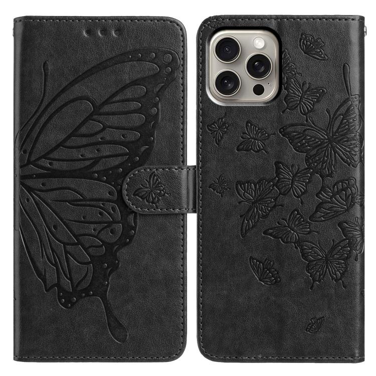 

For iPhone 15 Pro Butterfly Flutter Pattern Embossed Leather Phone Case(Black)