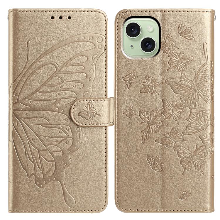 

For iPhone 15 Butterfly Flutter Pattern Embossed Leather Phone Case(Gold)