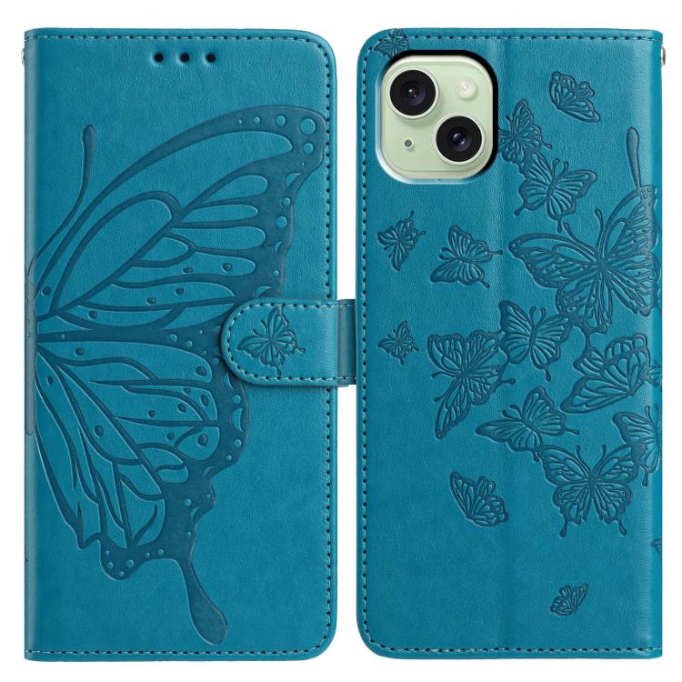 

For iPhone 15 Butterfly Flutter Pattern Embossed Leather Phone Case(Blue)