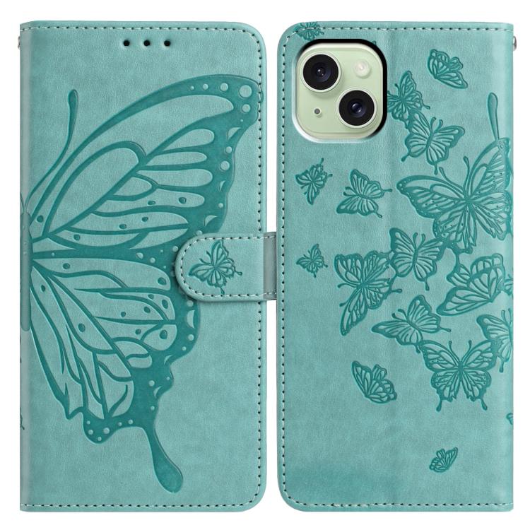 

For iPhone 15 Butterfly Flutter Pattern Embossed Leather Phone Case(Green)