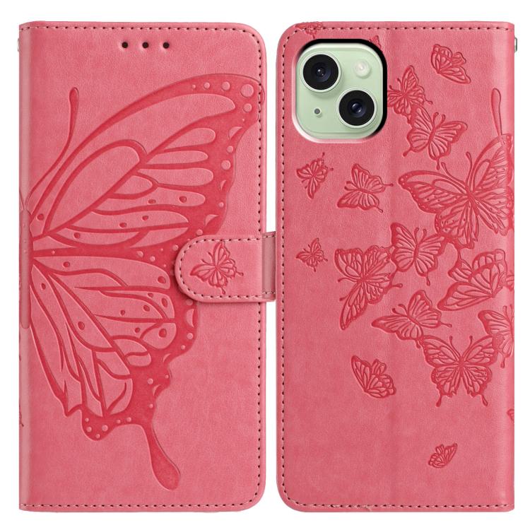 

For iPhone 15 Butterfly Flutter Pattern Embossed Leather Phone Case(Rose Red)